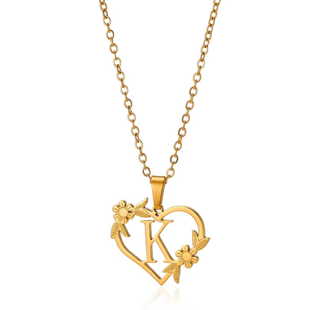 Dainty Floral Heart Letter Initial Necklace - Veinci