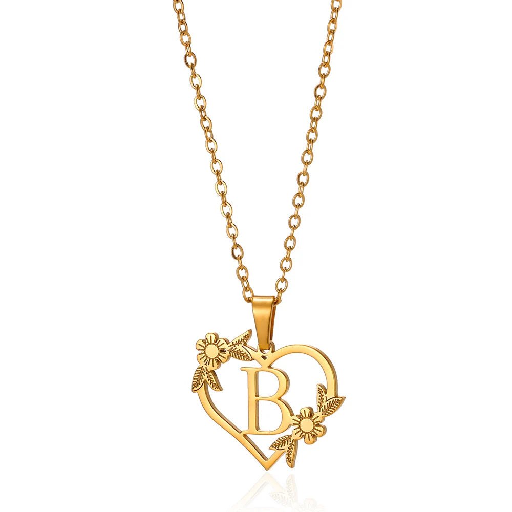 Dainty Floral Heart Letter Initial Necklace - Veinci