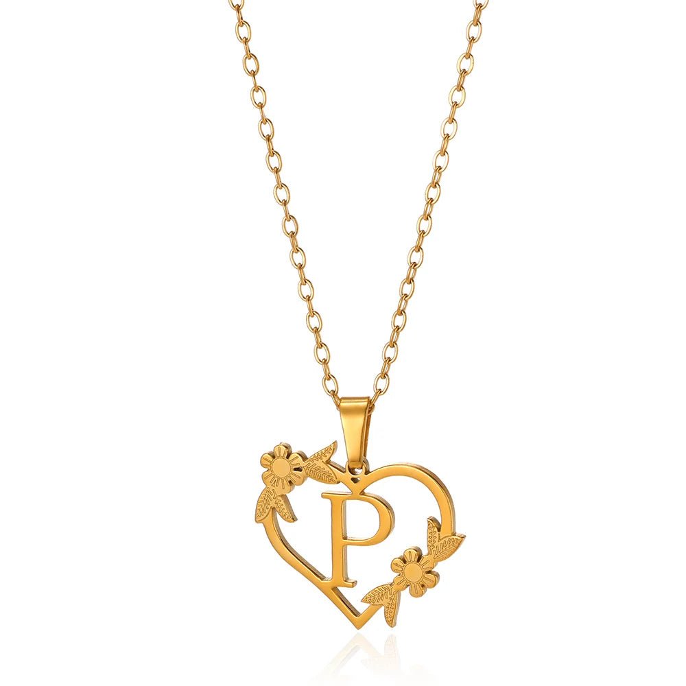 Dainty Floral Heart Letter Initial Necklace - Veinci