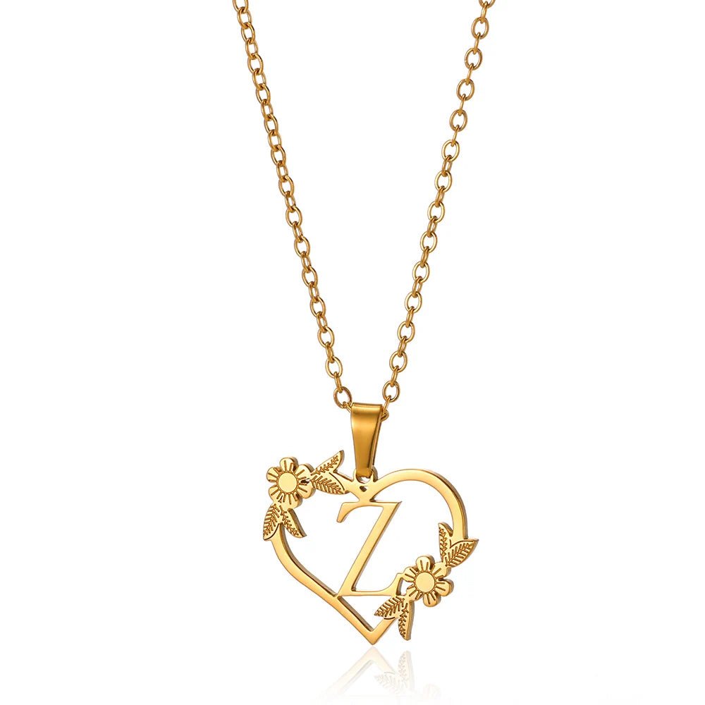 Dainty Floral Heart Letter Initial Necklace - Veinci