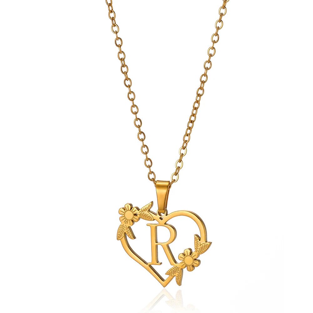 Dainty Floral Heart Letter Initial Necklace - Veinci