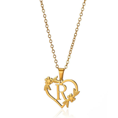 Dainty Floral Heart Letter Initial Necklace - Veinci