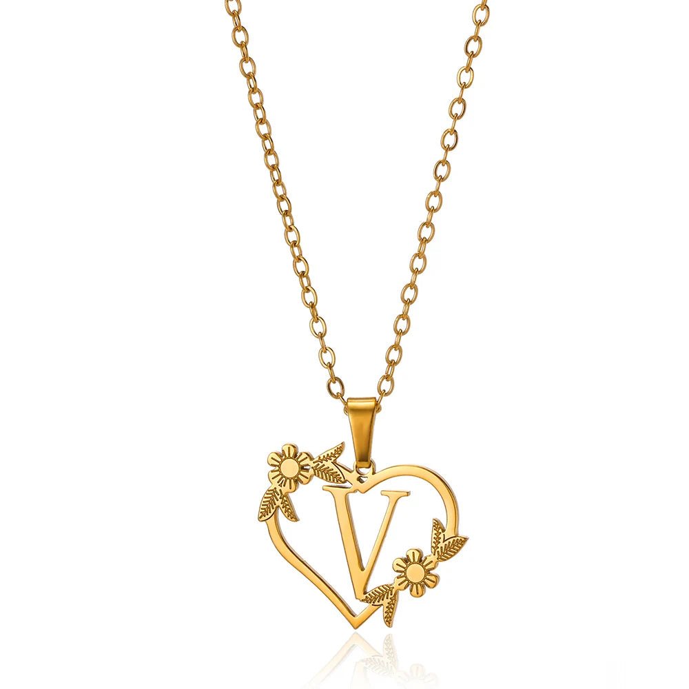 Dainty Floral Heart Letter Initial Necklace - Veinci