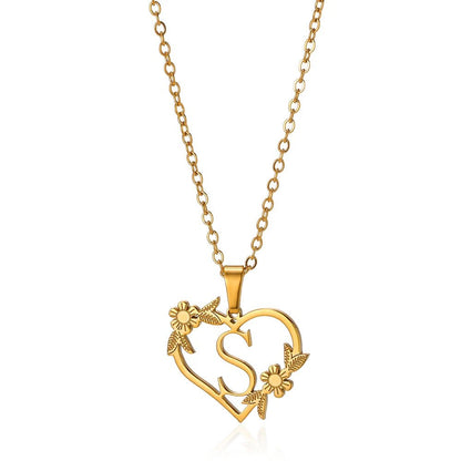 Dainty Floral Heart Letter Initial Necklace - Veinci