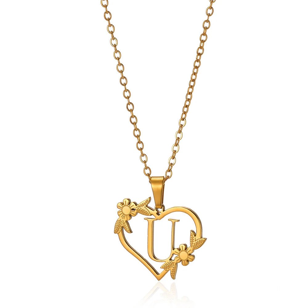 Dainty Floral Heart Letter Initial Necklace - Veinci