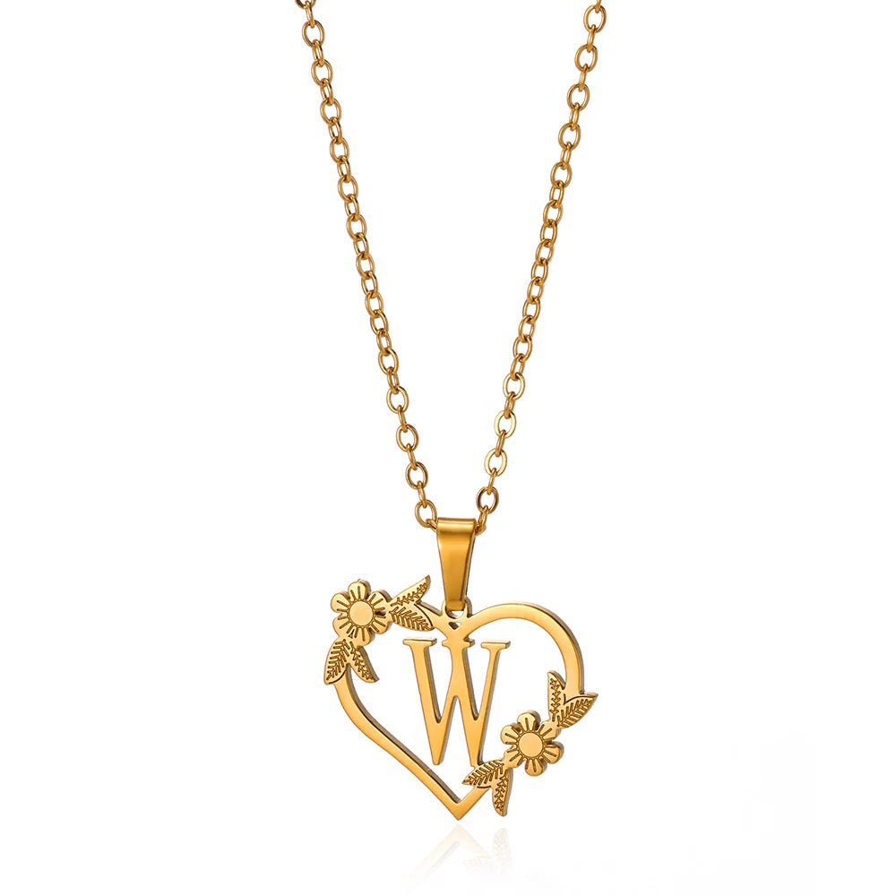 Dainty Floral Heart Letter Initial Necklace - Veinci