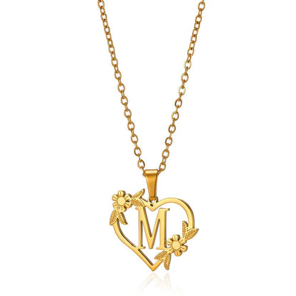 Dainty Floral Heart Letter Initial Necklace - Veinci