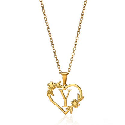 Dainty Floral Heart Letter Initial Necklace - Veinci