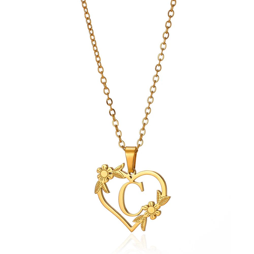 Dainty Floral Heart Letter Initial Necklace - Veinci