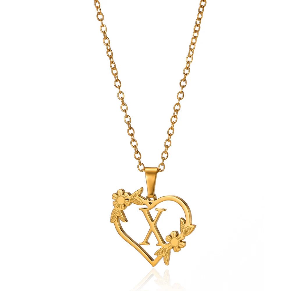 Dainty Floral Heart Letter Initial Necklace - Veinci