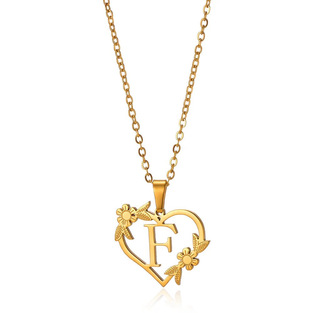 Dainty Floral Heart Letter Initial Necklace - Veinci