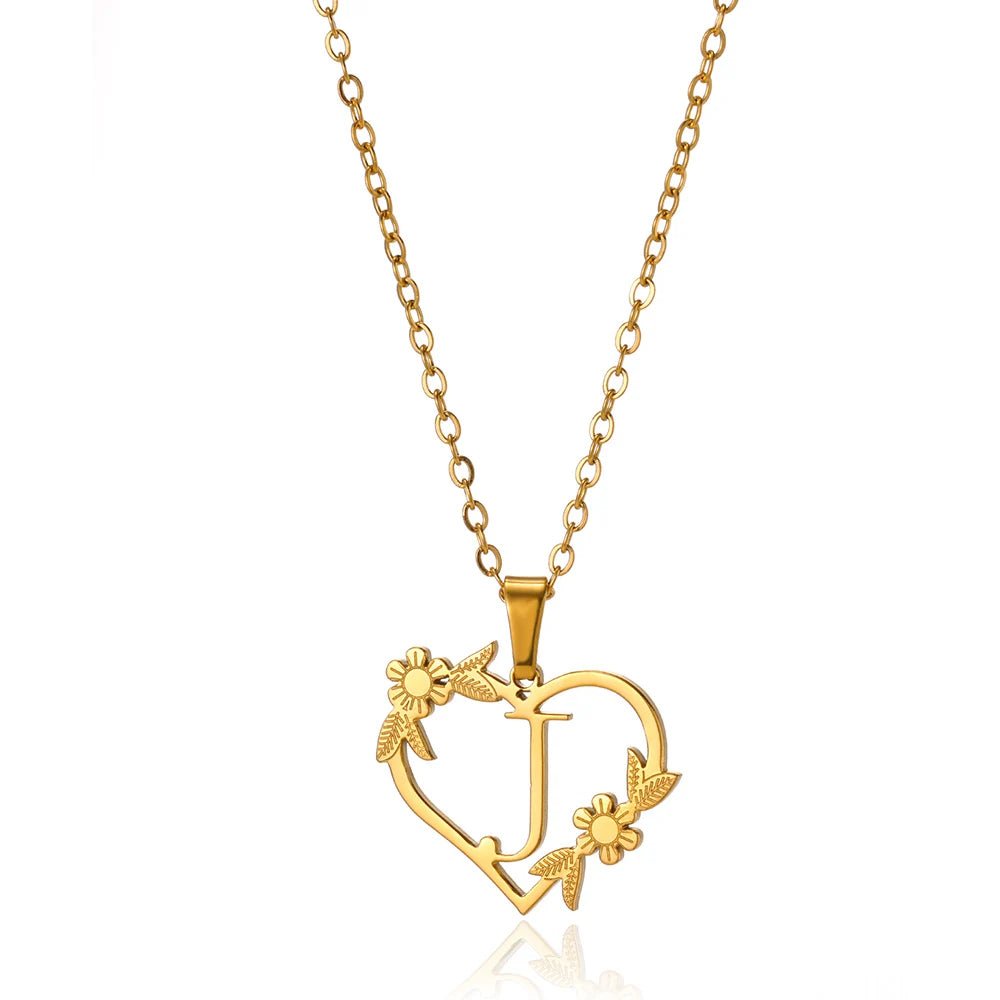 Dainty Floral Heart Letter Initial Necklace - Veinci