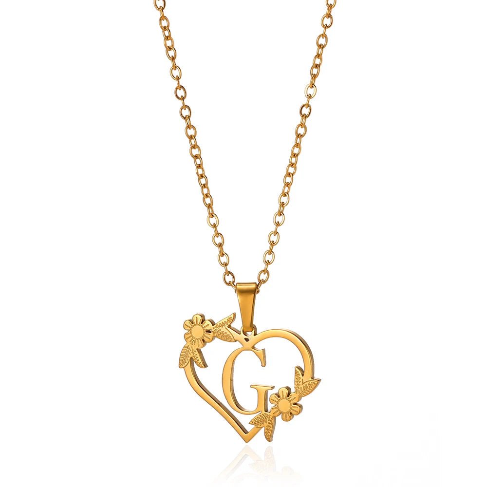 Dainty Floral Heart Letter Initial Necklace - Veinci