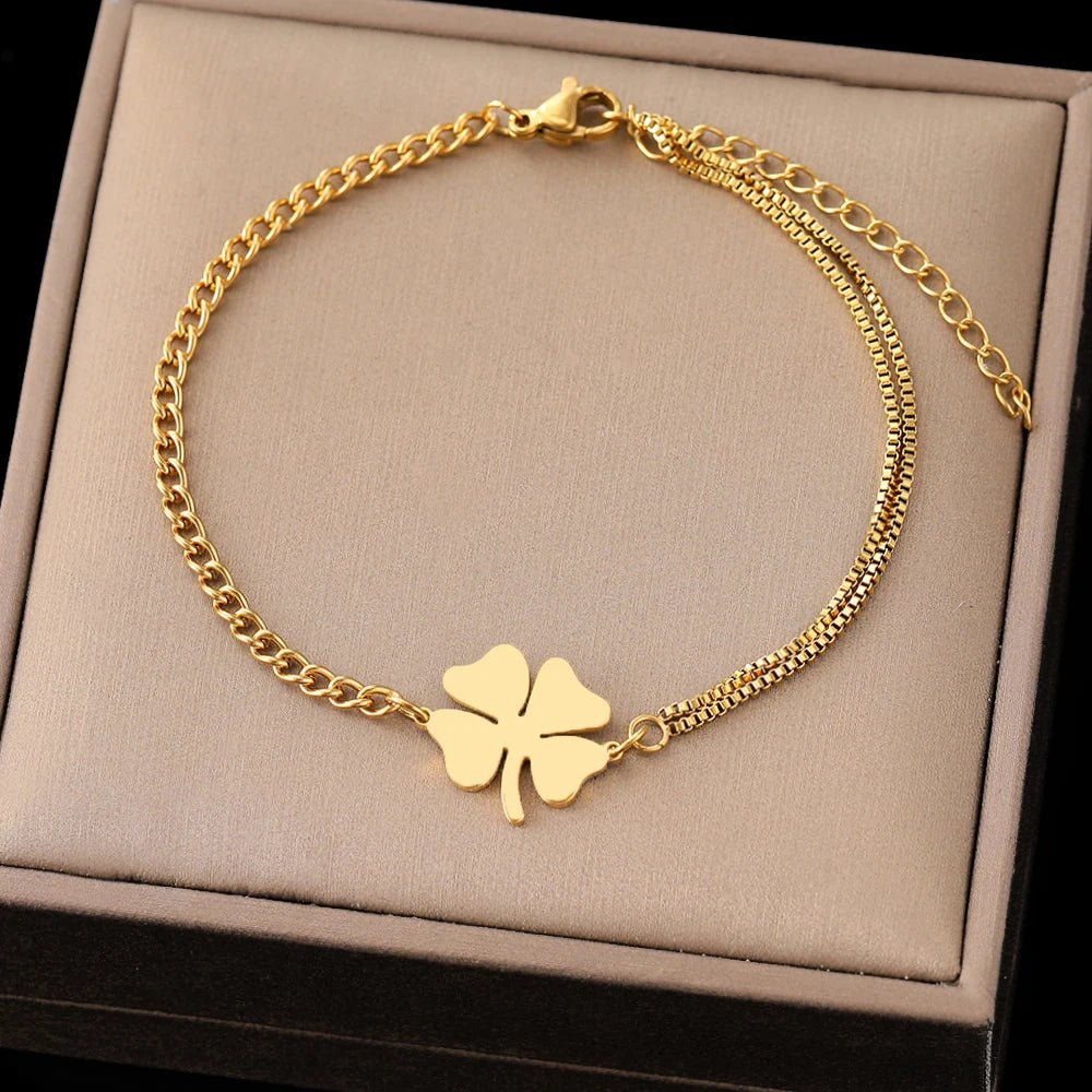 Dainty Four Leaf Clover Layered Chain Bracelet - Veinci