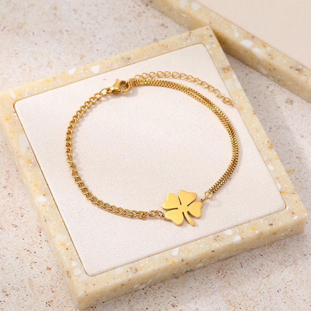 Dainty Four Leaf Clover Layered Chain Bracelet - Veinci