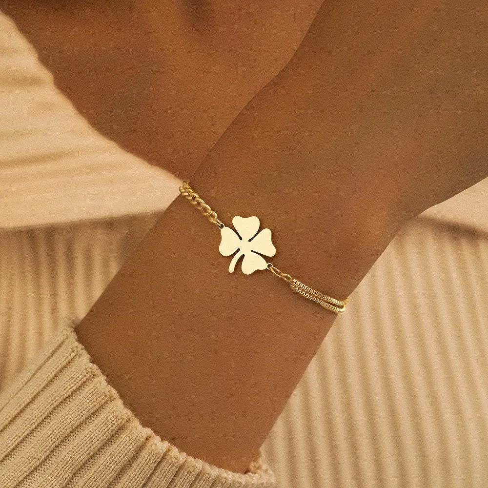 Dainty Four Leaf Clover Layered Chain Bracelet - Veinci