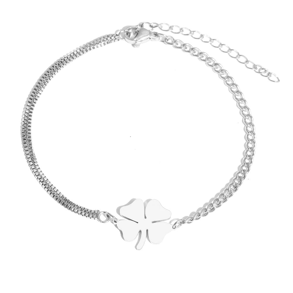 Dainty Four Leaf Clover Layered Chain Bracelet - Veinci