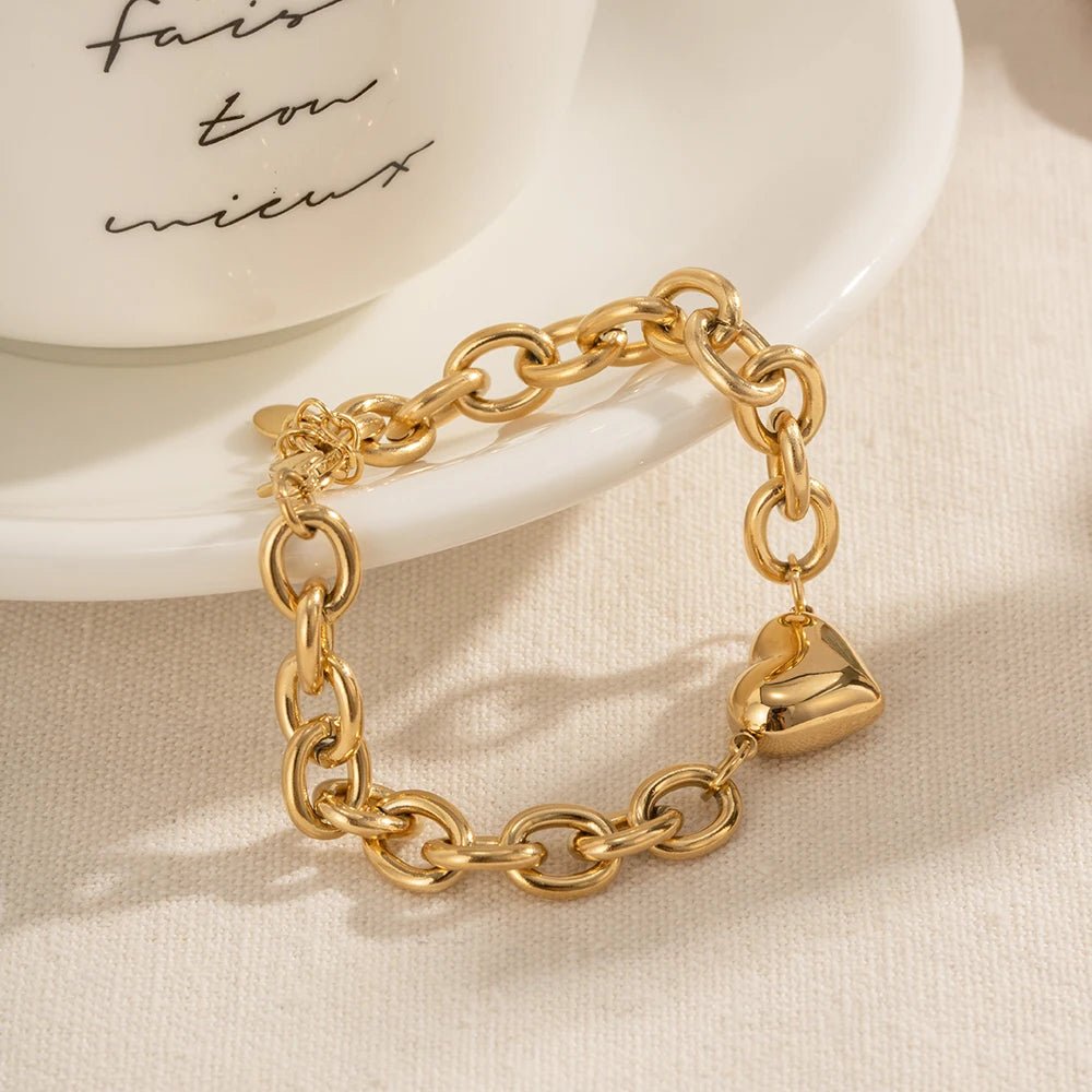 Dainty Gold Chain Link Heart Bracelet - Veinci