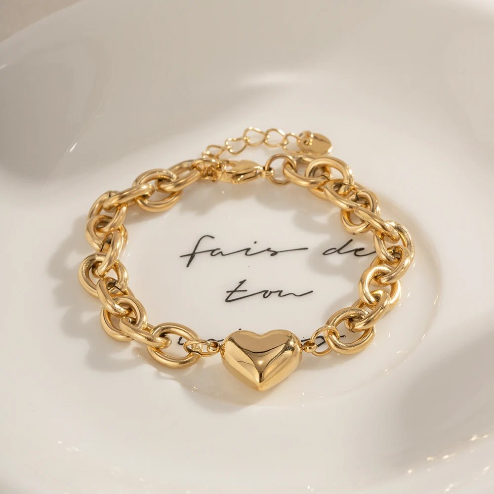 Dainty Gold Chain Link Heart Bracelet - Veinci