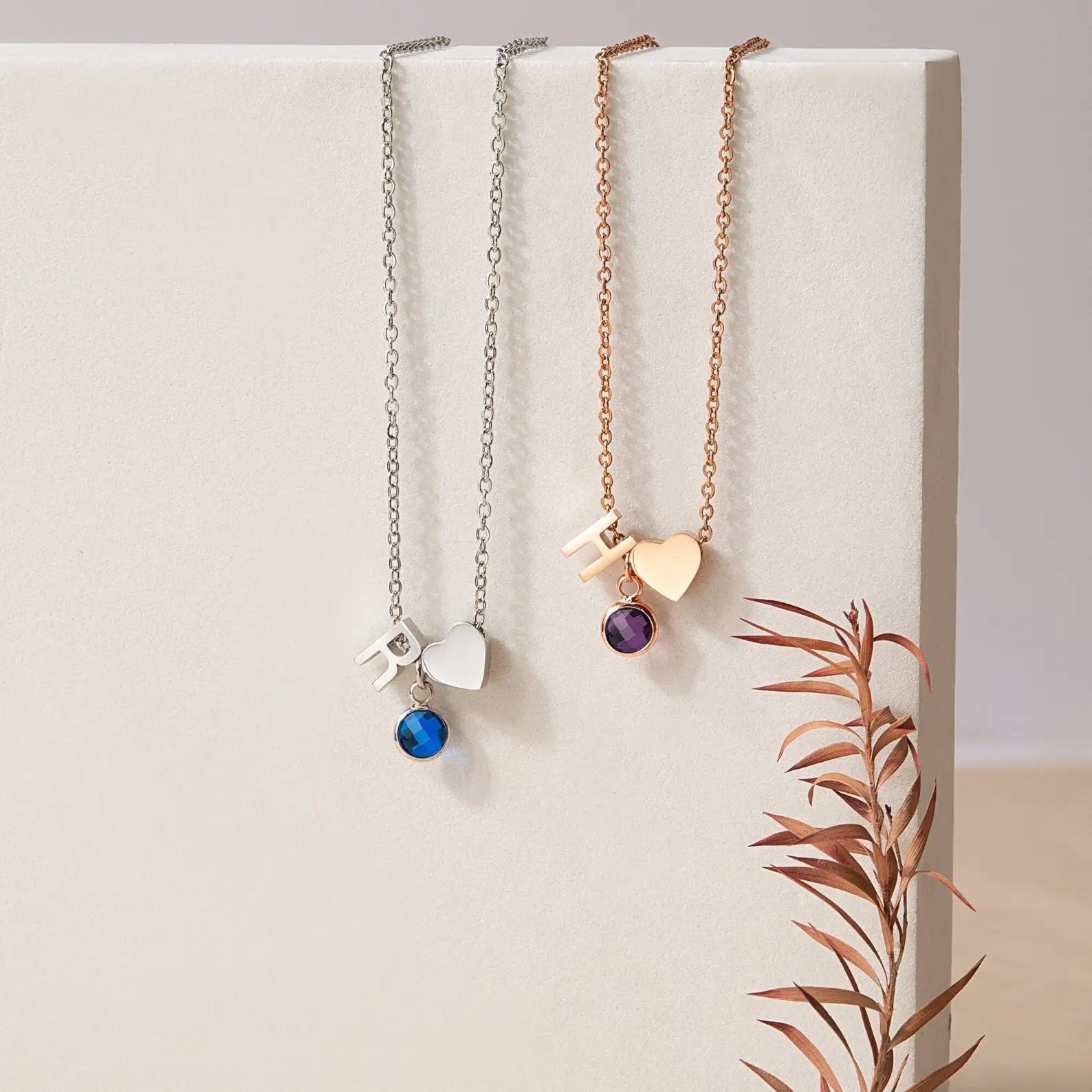 Dainty Heart & Birthstone Letter Initial Necklace - Veinci