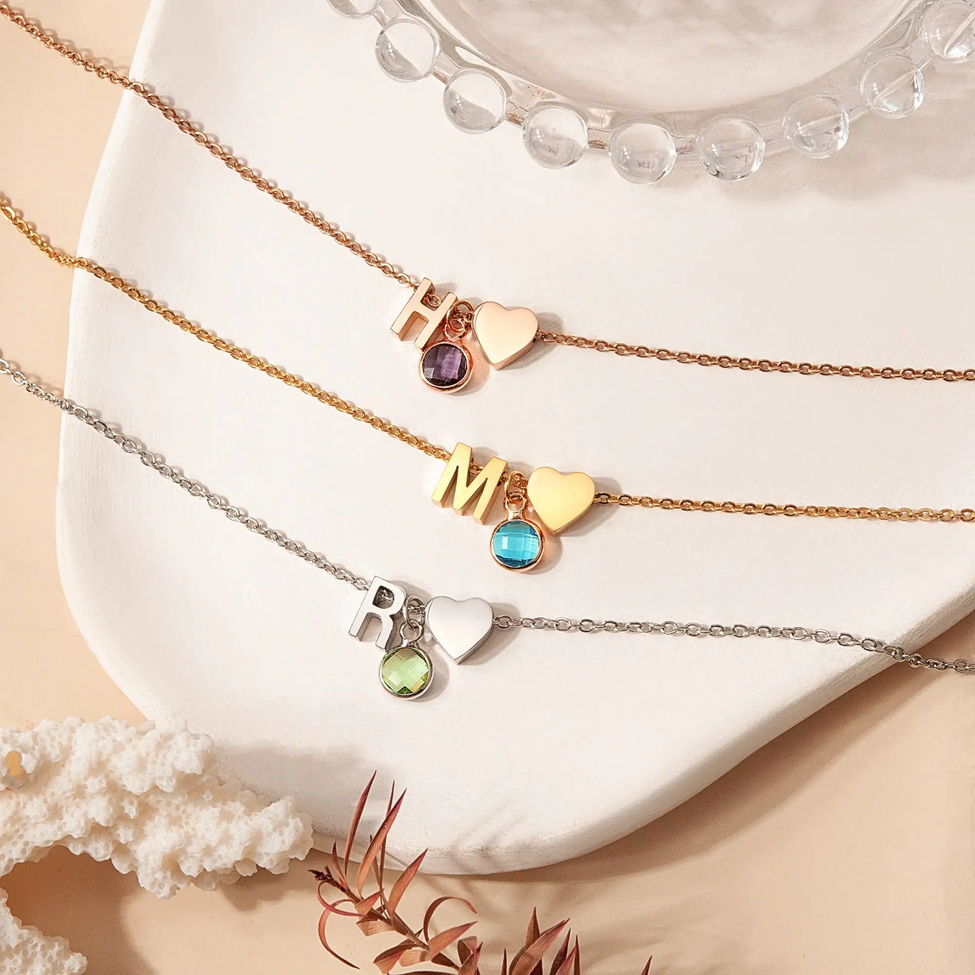 Dainty Heart & Birthstone Letter Initial Necklace - Veinci