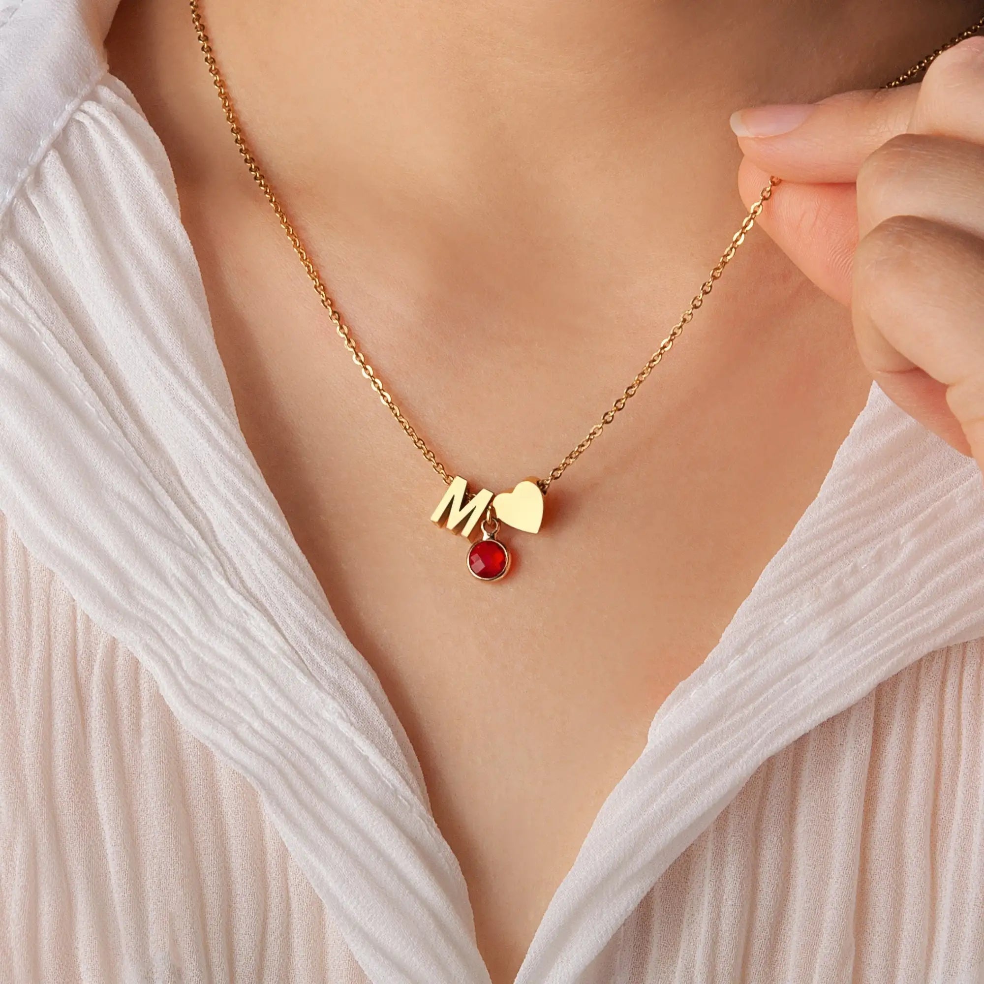 Dainty Heart & Birthstone Letter Initial Necklace - Veinci