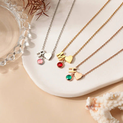 Dainty Heart & Birthstone Letter Initial Necklace - Veinci