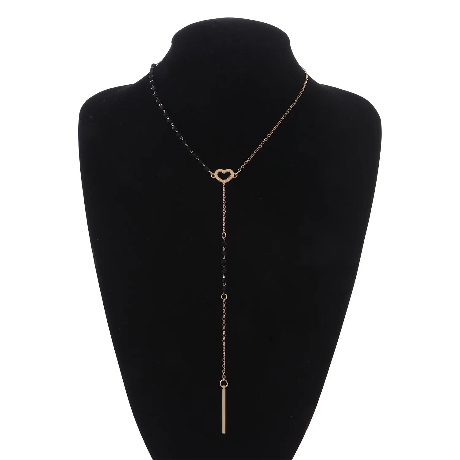 Dainty Heart Black and Gold Lariat Necklace - Veinci