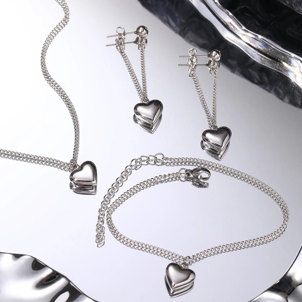 Dainty Heart Chain Necklace, Bracelet, and Earring Set - Veinci