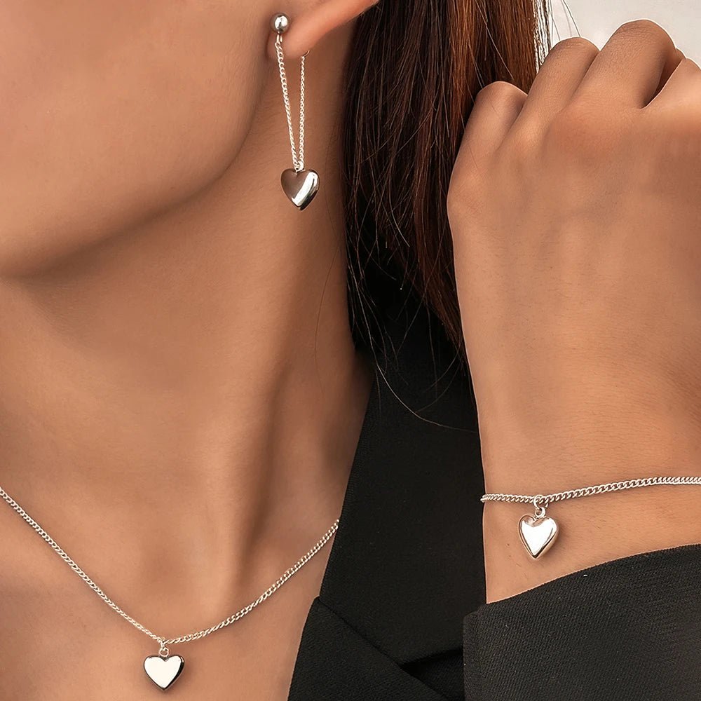 Dainty Heart Chain Necklace, Bracelet, and Earring Set - Veinci