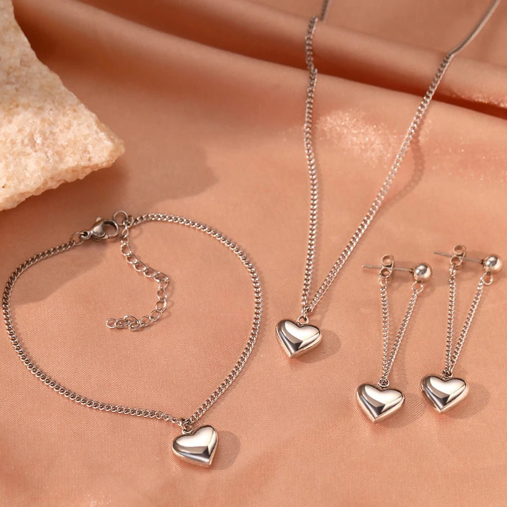 Dainty Heart Chain Necklace, Bracelet, and Earring Set - Veinci