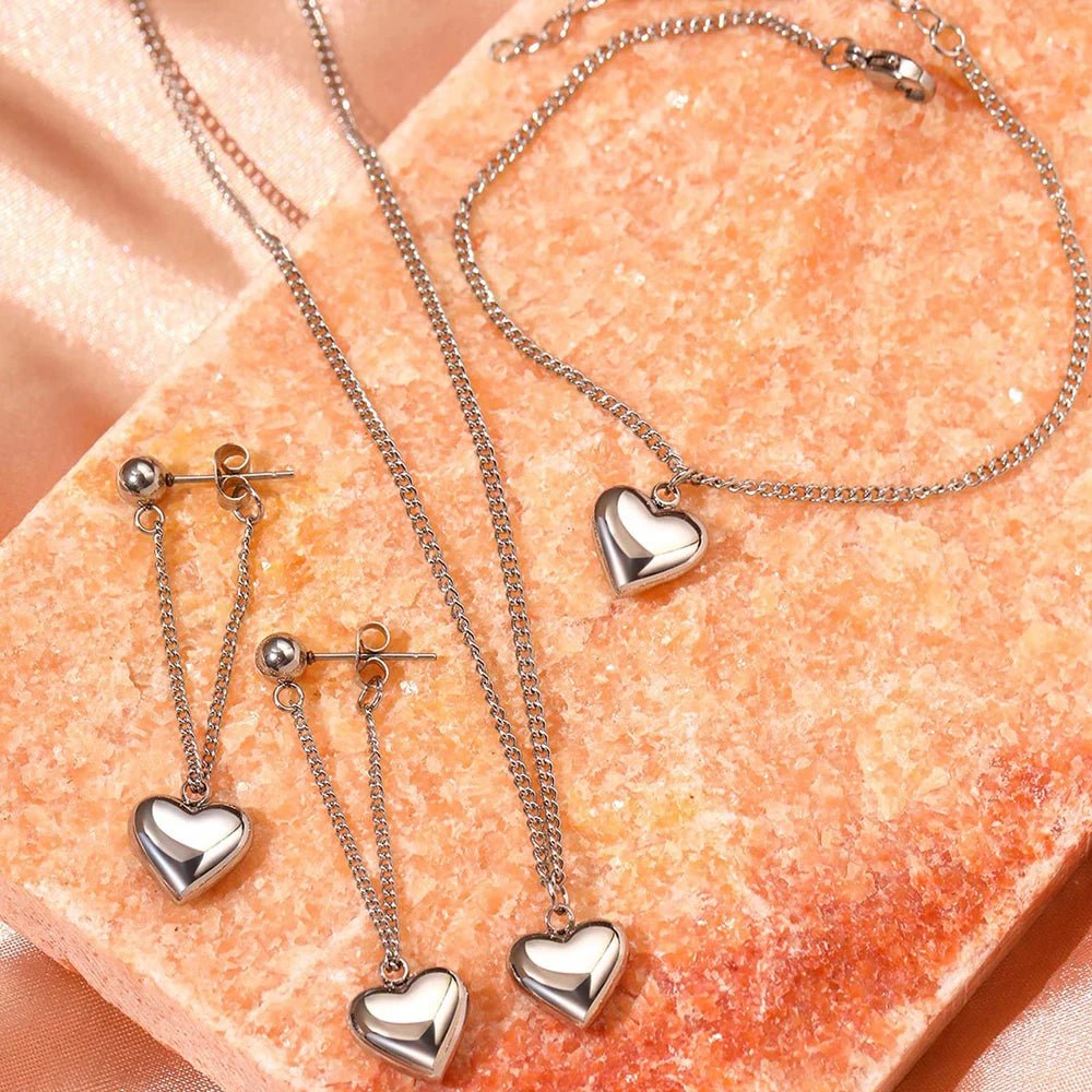 Dainty Heart Chain Necklace, Bracelet, and Earring Set - Veinci