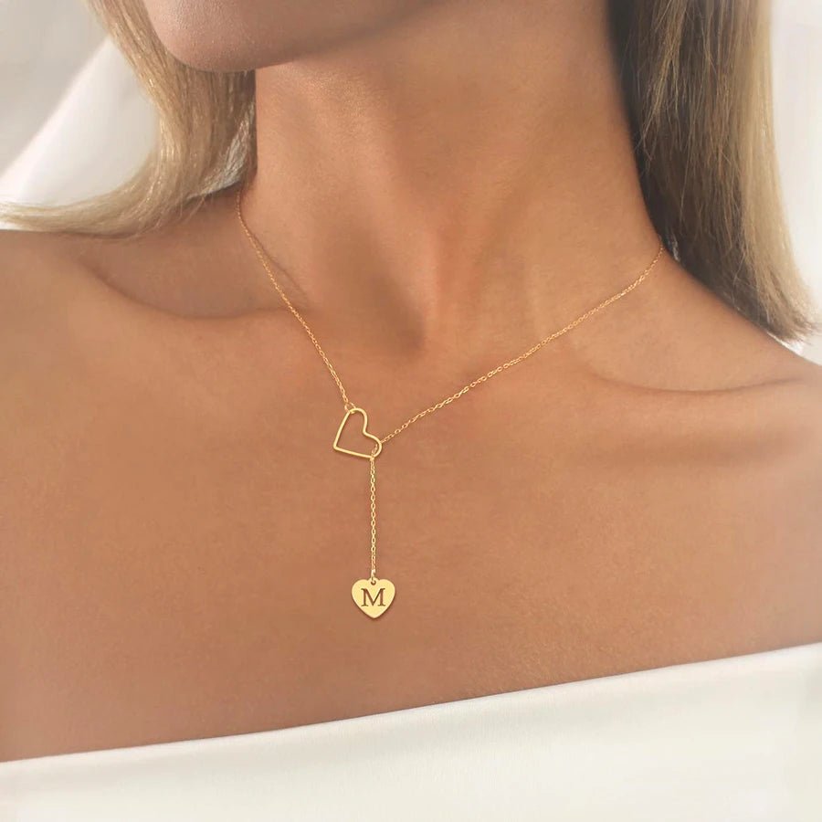 Dainty Heart Letter Initial Lariat Necklace - Veinci