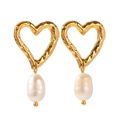 Dainty Heart Pearl Drop Earrings - Veinci