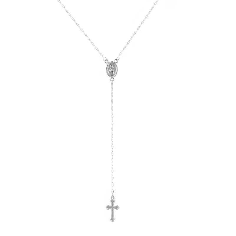 Dainty Lariat Cross Rosary Necklace - Veinci