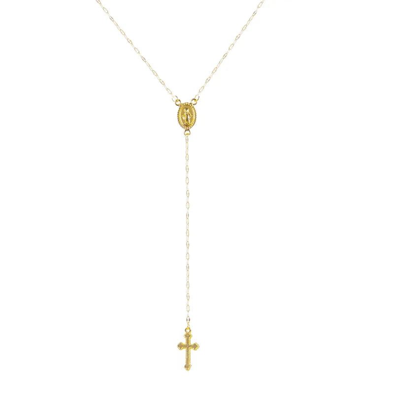 Dainty Lariat Cross Rosary Necklace - Veinci