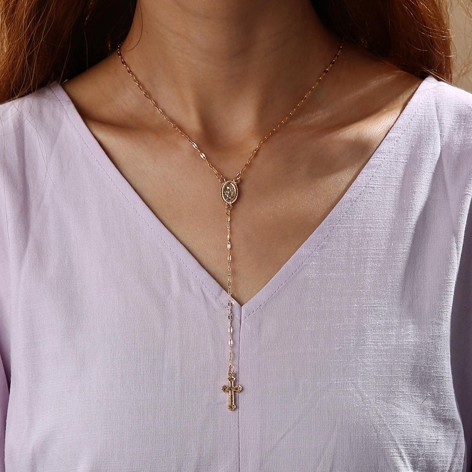 Dainty Lariat Cross Rosary Necklace - Veinci