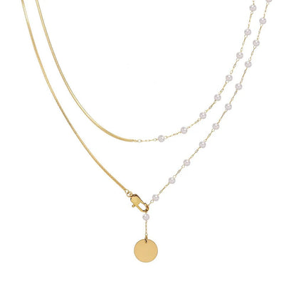 Dainty Layered Pearl Accented Herringbone Necklace - Veinci