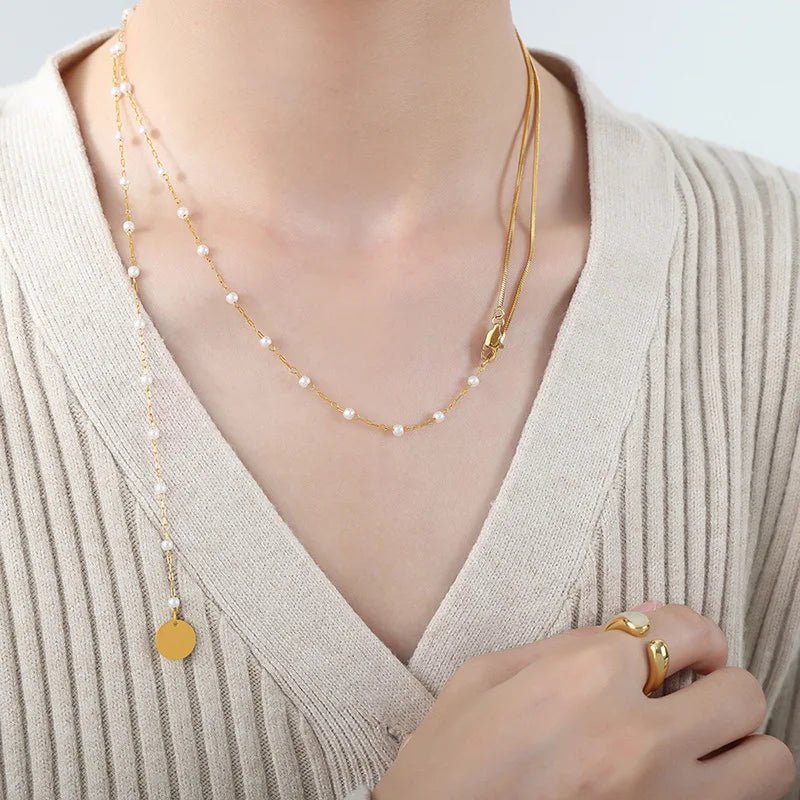 Dainty Layered Pearl Accented Herringbone Necklace - Veinci
