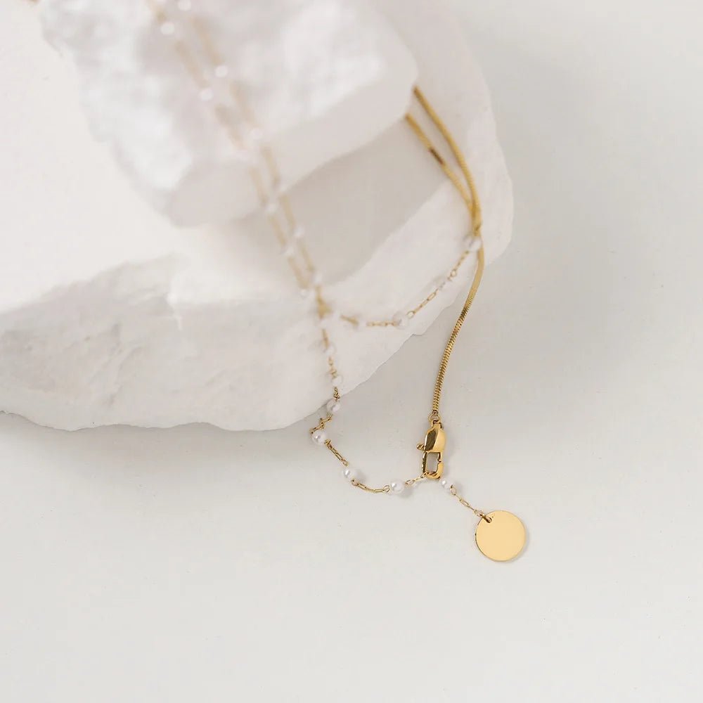 Dainty Layered Pearl Accented Herringbone Necklace - Veinci