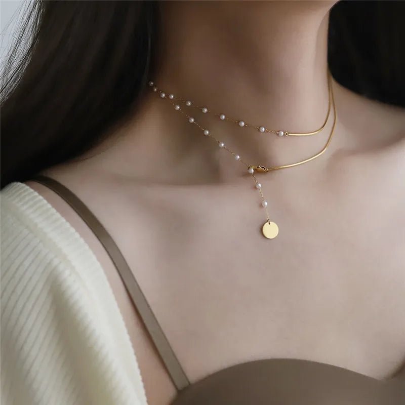 Dainty Layered Pearl Accented Herringbone Necklace - Veinci