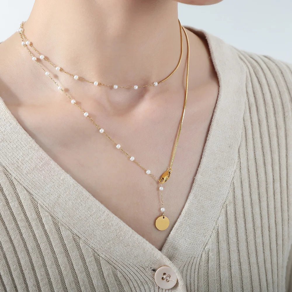 Dainty Layered Pearl Accented Herringbone Necklace - Veinci