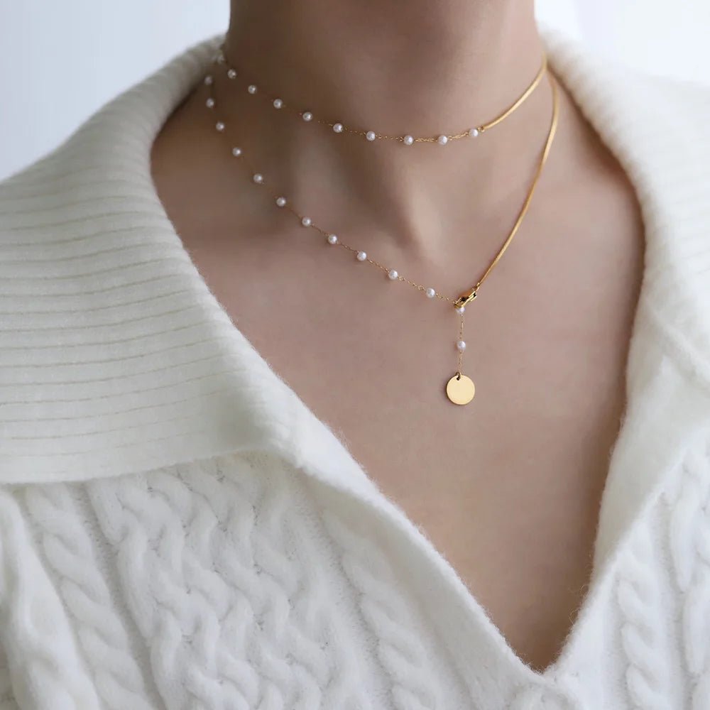 Dainty Layered Pearl Accented Herringbone Necklace - Veinci