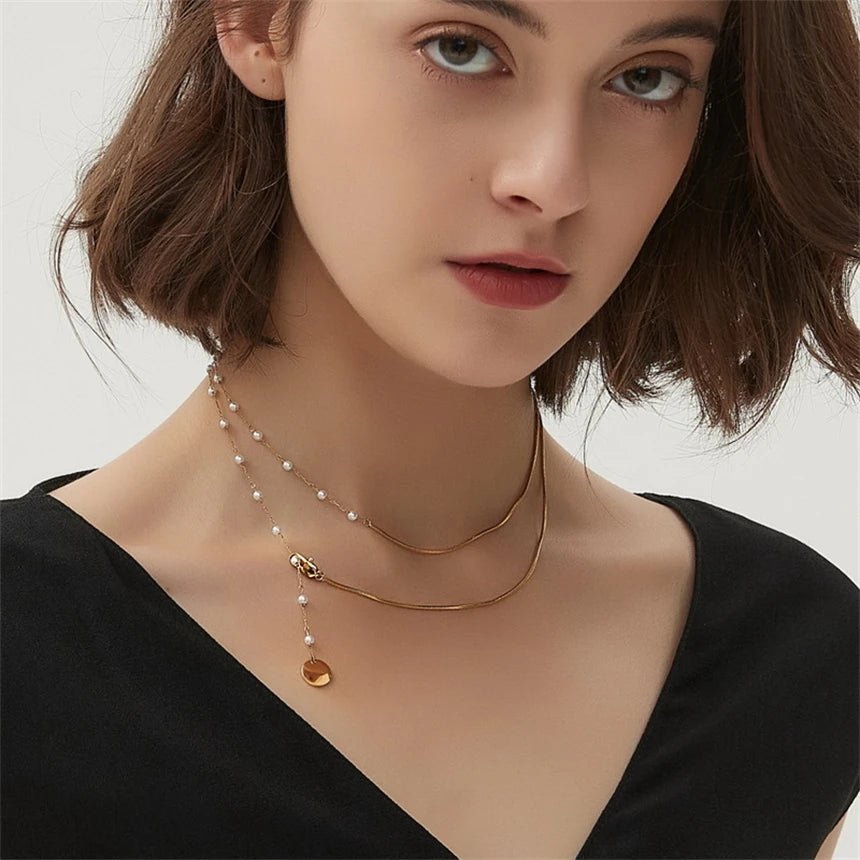 Dainty Layered Pearl Accented Herringbone Necklace - Veinci