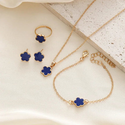 Dainty Lucky Floral Clover Necklace, Bracelet, Earrings, and Rings Set - Veinci