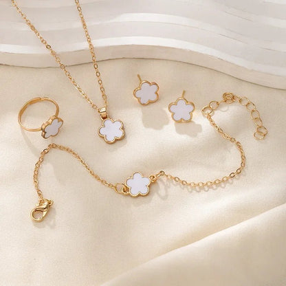 Dainty Lucky Floral Clover Necklace, Bracelet, Earrings, and Rings Set - Veinci