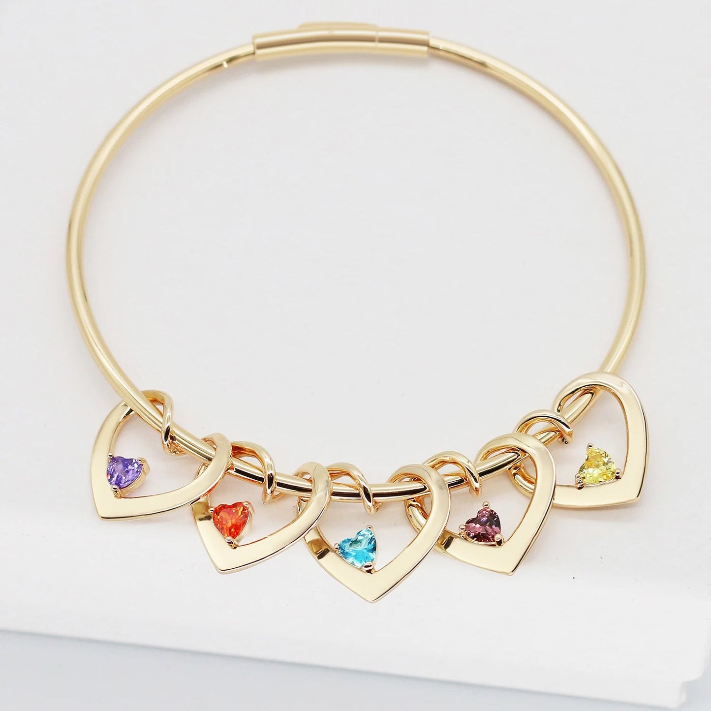 Dainty Name & Birthstone Heart Charm Bangle Bracelet & Necklace - Veinci