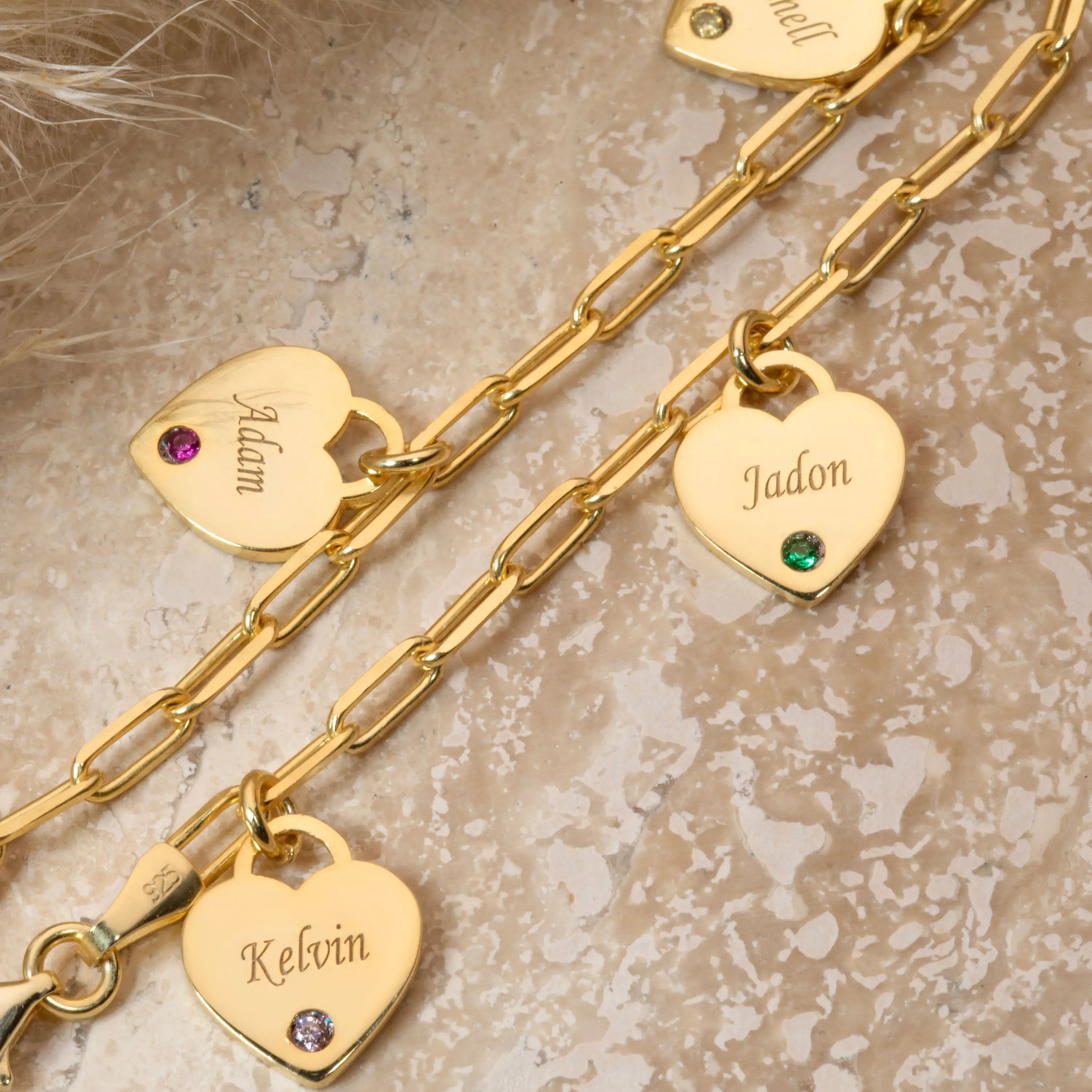 Dainty Name & Birthstone Heart Charm Paperclip Bracelet - Veinci