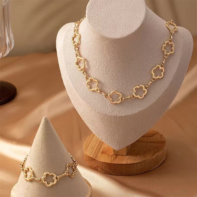 Dainty Open Clover Choker Necklace, Bracelet, Earring Set - Veinci