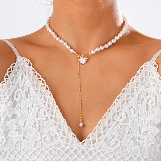 Dainty Pearl Drop Heart Clasp Choker Necklace - Veinci